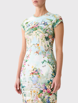 Sinuous jersey tank dress with cap sleeves, featuring floral patterns and crystal details, inspired by Schonbrunn Palace's art.