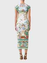 Elegant jersey tank dress with cap sleeves, floral design, fitted waist, and crystal details, inspired by Schonbrunn Palace.