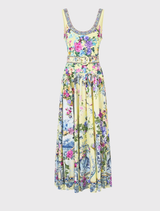 Sleeveless maxi dress in organic cotton, adorned with crystal embellishments and a flowing skirt, inspired by Schonbrunn Palace.
