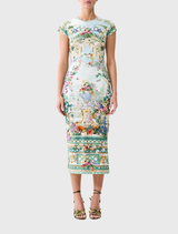Jersey tank dress with cap sleeves, floral print inspired by Schonbrunn Palace, features a slim fit and crystal embellishments.