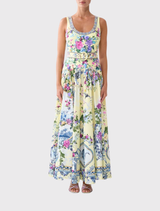 Jersey tank dress with a contrast skirt, featuring Chinoiserie floral prints in butter yellow, magenta, and mauve tones.