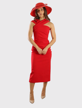 Red polypropylene Jess Droop Hat with a 12.5cm brim and a large bow trim, blending vintage aesthetics with modern flair.