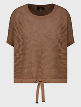 Brown open-knit Monari pullover with rhinestones, round neckline, short sleeves, and a hem with an adjustable drawstring.