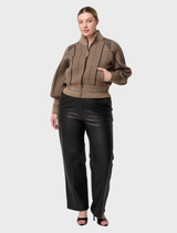 Stylish black straight pants with an elasticated waist, made from genuine leather for a modern and chic appearance.