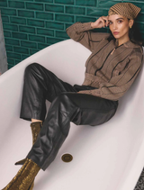 Black straight pants with elasticated waist, made from genuine leather, designed for comfort and style.