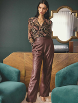 Oxblood straight leg pants with an elasticated waist, designed for comfort and style.