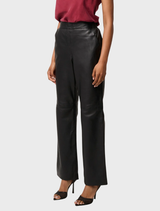 Black straight pants with an elasticated waist, constructed from genuine leather, offering a blend of comfort and elegance.