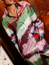 Joe Shirt in Retro Resin: relaxed-fit, silk viscose blend, handcrafted print, boxy hem, and front patch pocket for casual wear.