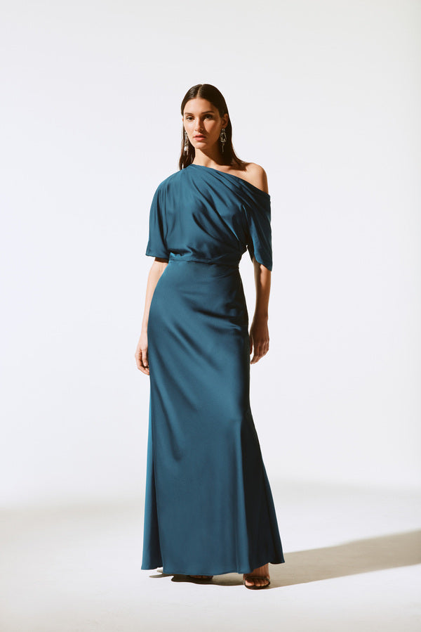 Boat Neck Draped Evening Dress