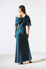 Boat Neck Draped Evening Dress