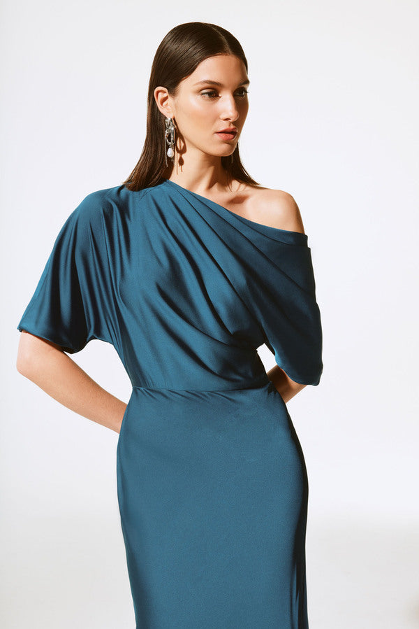 Boat Neck Draped Evening Dress