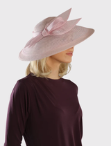 Classic pink fascinator with bow accents, 37cm brim, and headband for easy styling and comfort during wear.