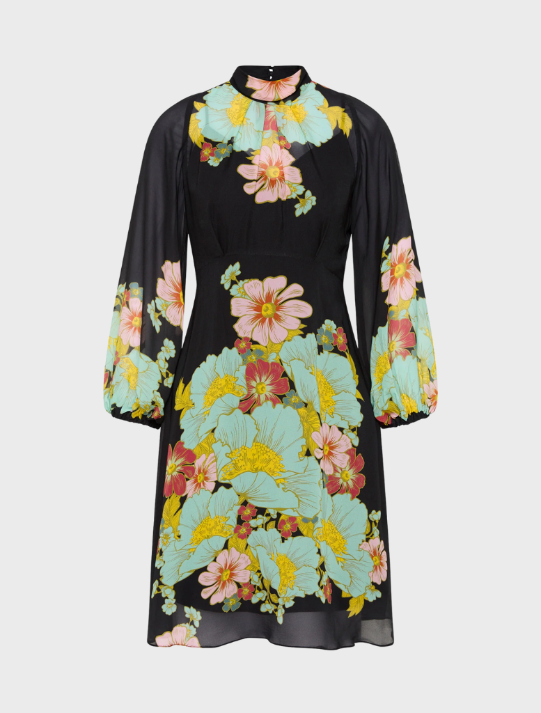 Black dress named Julia Dress, showcasing a dark ink floral print, blending style and floral aesthetics seamlessly.
