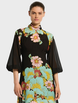 Black dress with a dark ink floral print, named Julia Dress, showcasing a stylish and elegant design