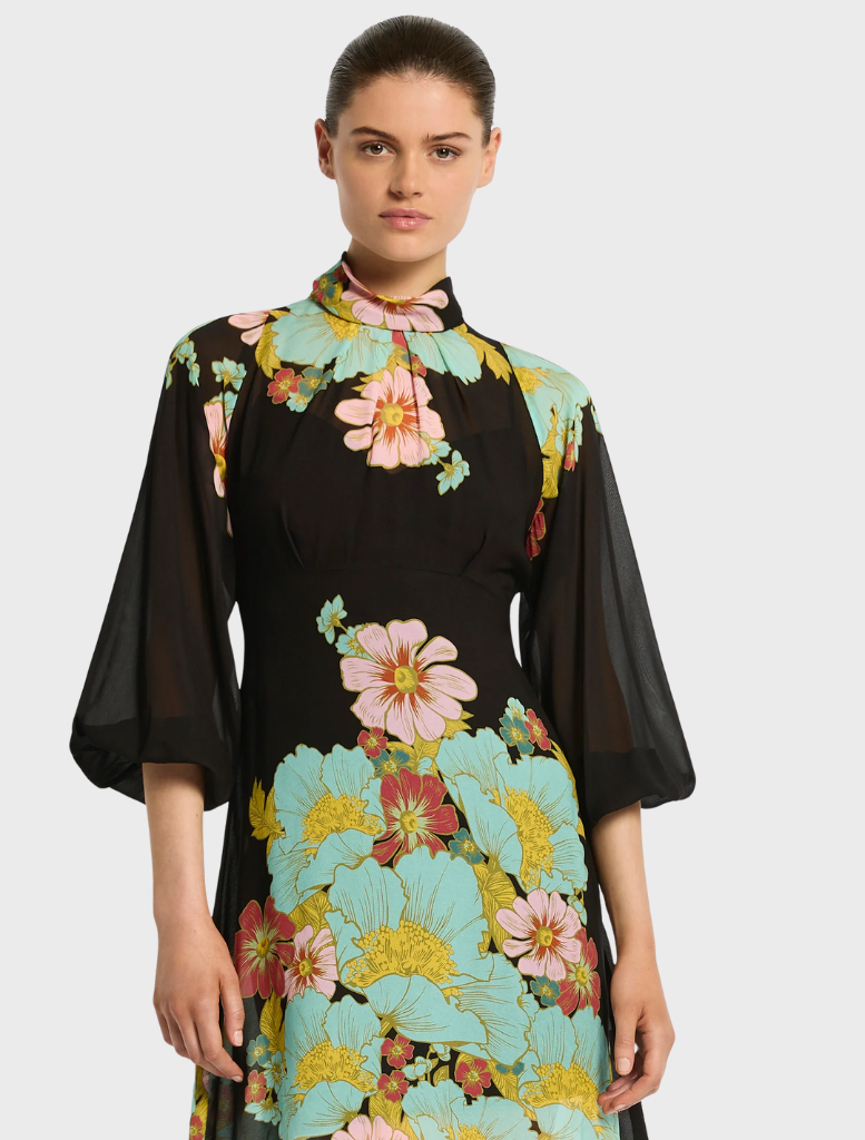 Black dress with a dark ink floral print, named Julia Dress, showcasing a stylish and elegant design