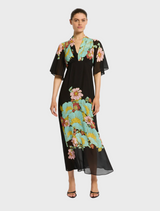 Black floral print dress with a v-neck, named Julia Maxi Dark Ink Floral, featuring a stylish and elegant design