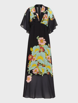 Black and yellow floral dress with a v-neckline, named Julia Maxi Dark Ink Floral.