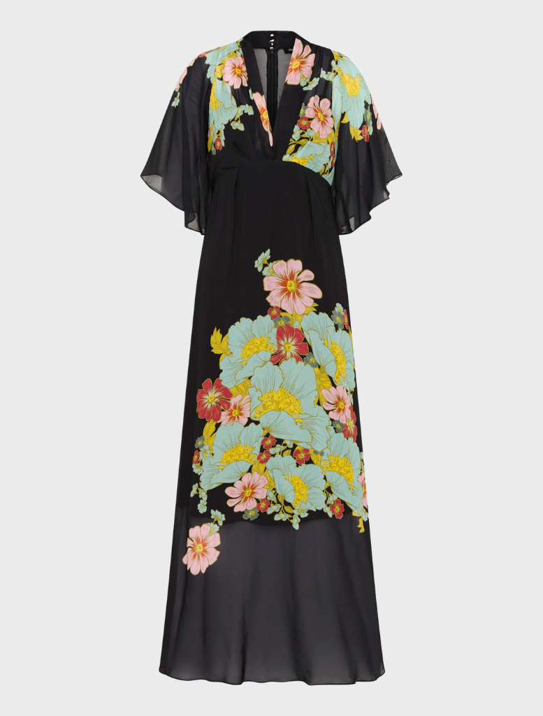 Black and yellow floral dress with a v-neckline, named Julia Maxi Dark Ink Floral.