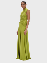 Juniper gown in rich apple shade, characterized by its elegant lines and luxurious material for a chic appearance.