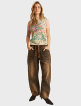 Oversized flower and hidden tiger design on a cropped, lightweight knit T-shirt with dotted pink striped sleeves.
