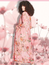 Stylish pink floral dress with a tailored fit, short sleeves, and knee-length, suitable for summer events or gatherings.