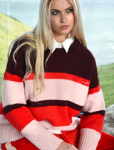 Red and multi-striped jumper with a relaxed fit, featuring an embroidered 'Cooper' logo and soft wool blend fabric.