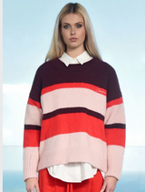 Cozy red and multi-striped jumper with a relaxed silhouette, embroidered 'Cooper' logo, ideal for layering or standalone wear.