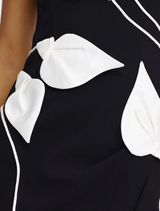 Stylish Kadence midi dress in black and ivory, designed for comfort and elegance at any gathering.