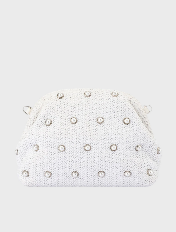 A white clutch bag adorned with silver studs, showcasing a stylish and modern design.