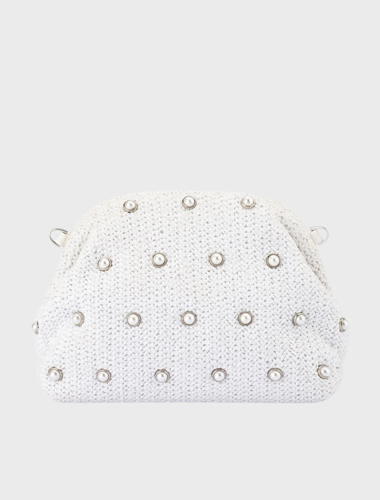 A white clutch bag adorned with silver studs, showcasing a stylish and modern design.