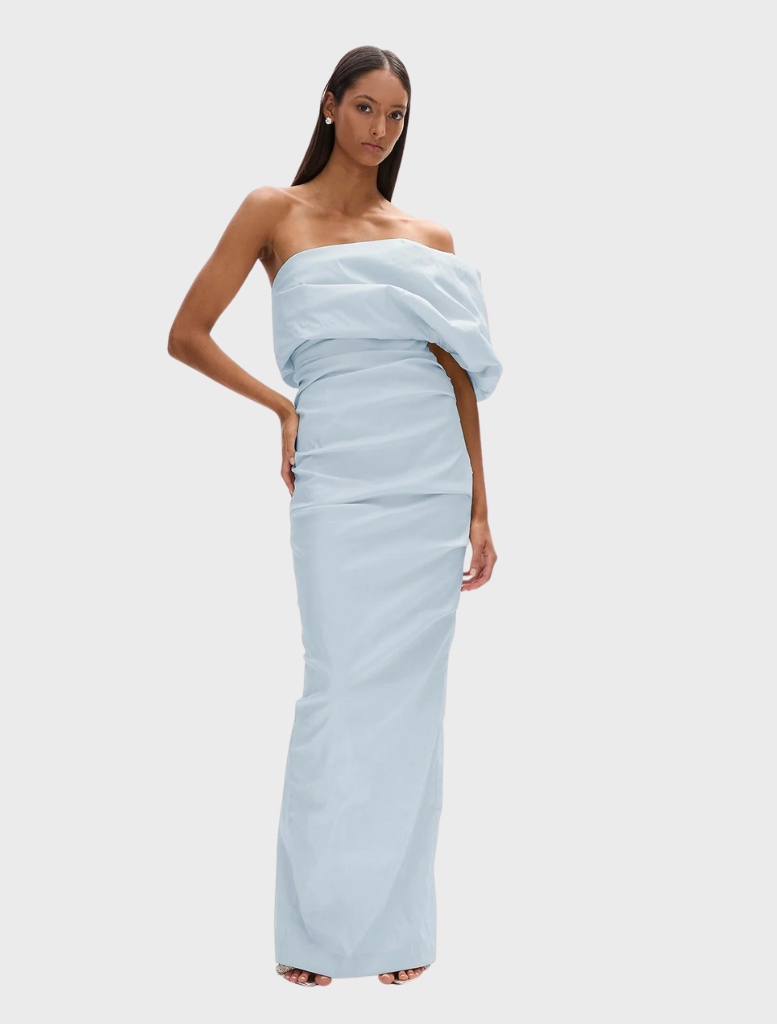 Sophisticated ice-blue Kat gown with a sleek silhouette and exquisite craftsmanship, designed for elegant occasions.