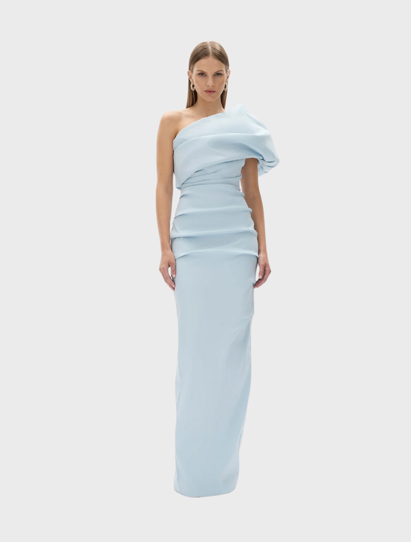 Elegant ice-blue Kat gown with a flowing silhouette and delicate fabric, perfect for formal occasions.