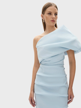 Stunning ice-colored Kat gown featuring a graceful design and soft draping, ideal for special events.