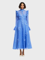 Azure midi dress featuring butterfly sleeves and intricate appliqué detailing, perfect for elegant occasions.