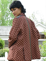 Russet multi jacket featuring relaxed tailoring, contrast stripes, flap pockets, and a polished full lining for a modern style.