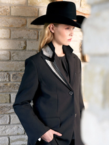Classic black jacket with a tailored fit, featuring a sleek design and minimalistic style for versatile wear.