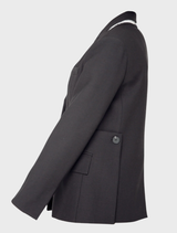 Elegant black jacket with a classic cut, designed for a sophisticated look suitable for various settings.