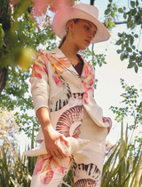 Kelsey Stretch Linen Viscose Blazer in Nautilus Bloom features a tailored fit, two-button front, and jet pockets for a polished look.