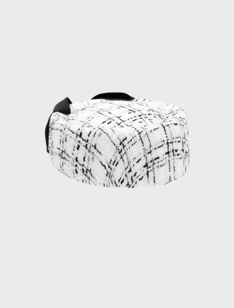 . Stylish white Pillbox Hat from Kennedy Racewear, designed to enhance race day fashion with its elegant silhouette.