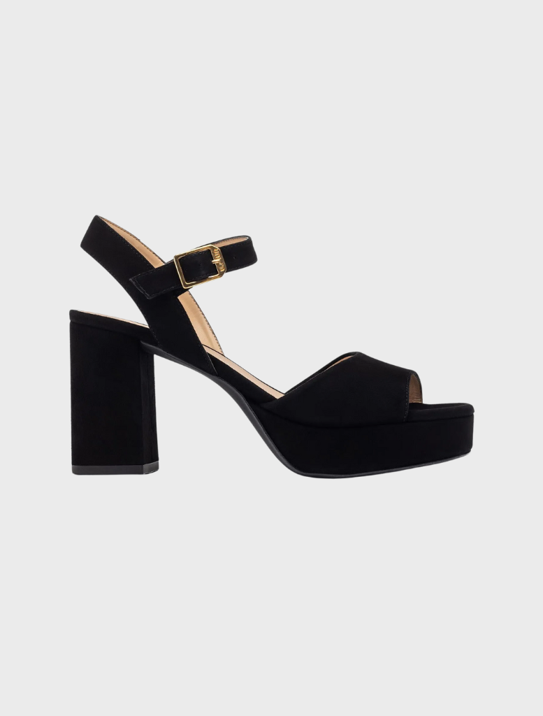 Black suede platform sandals with a gold buckle and wide heel, featuring a stylish leather design in Kid Suede-Cranberry.