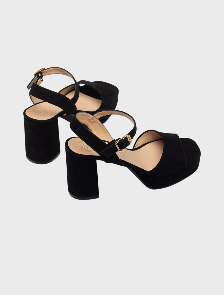 Chic black suede platform sandals with a gold buckle, designed with a wide heel in luxurious Kid Suede-Cranberry leather.
