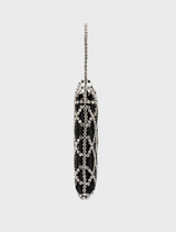 A stylish black and white purse, the Kit Crystal Cage Bag, complete with a trendy chain strap for a contemporary look.