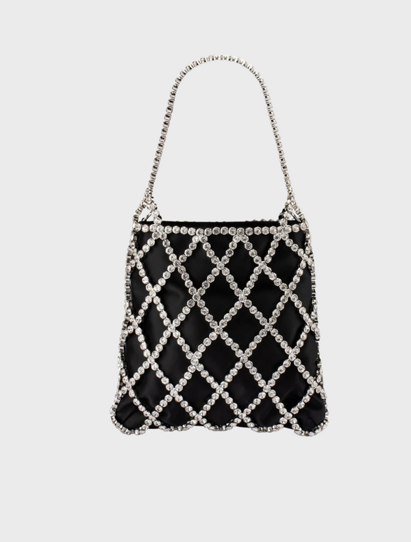 Black and white Kit Crystal Cage Bag featuring a stylish chain detail.