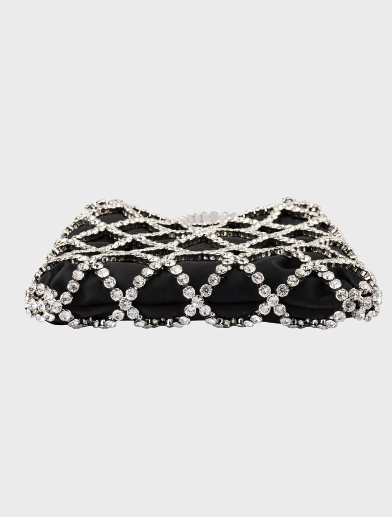 Black and white Kit Crystal Cage Bag with a chain strap, combining elegance and modern design in one accessory.