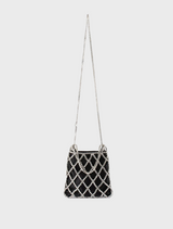Black and white Kit Crystal Cage Bag with a stylish chain strap, showcasing a modern and elegant design.