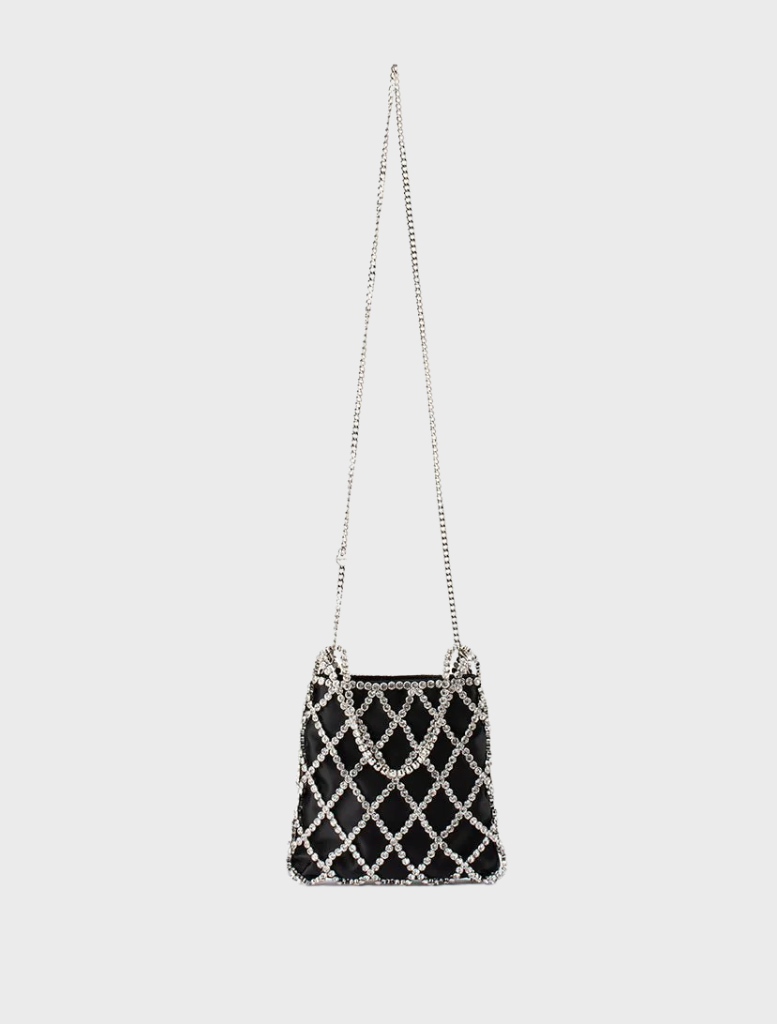 Black and white Kit Crystal Cage Bag with a stylish chain strap, showcasing a modern and elegant design.