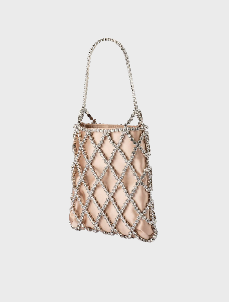 Metallic fabric bag with a stylish chain strap, perfect for adding a touch of elegance to any outfit.