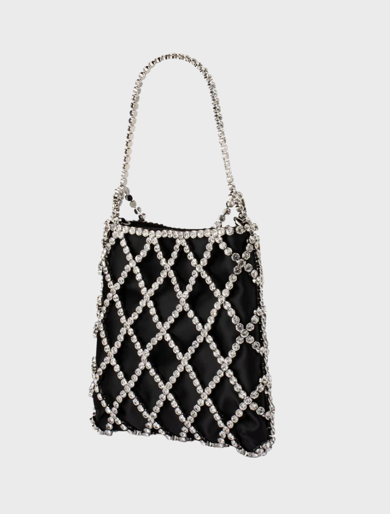 Elegant black and white purse, the Kit Crystal Cage Bag, featuring a chic chain strap for added sophistication.