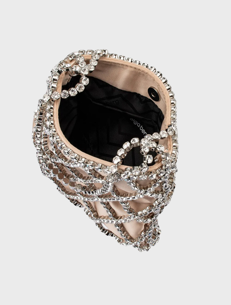 A chic bag crafted from metallic fabric, featuring a fashionable chain strap for easy carrying.