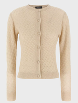 Beige knit cardigan displayed on a hanger, featuring a relaxed fit and open front design.